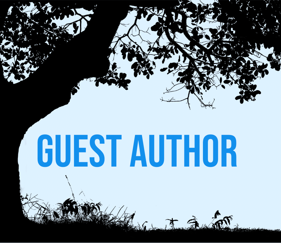 Logo for guest author spotlights in the Blog. Blue background with black silhouette of trees. Text reads