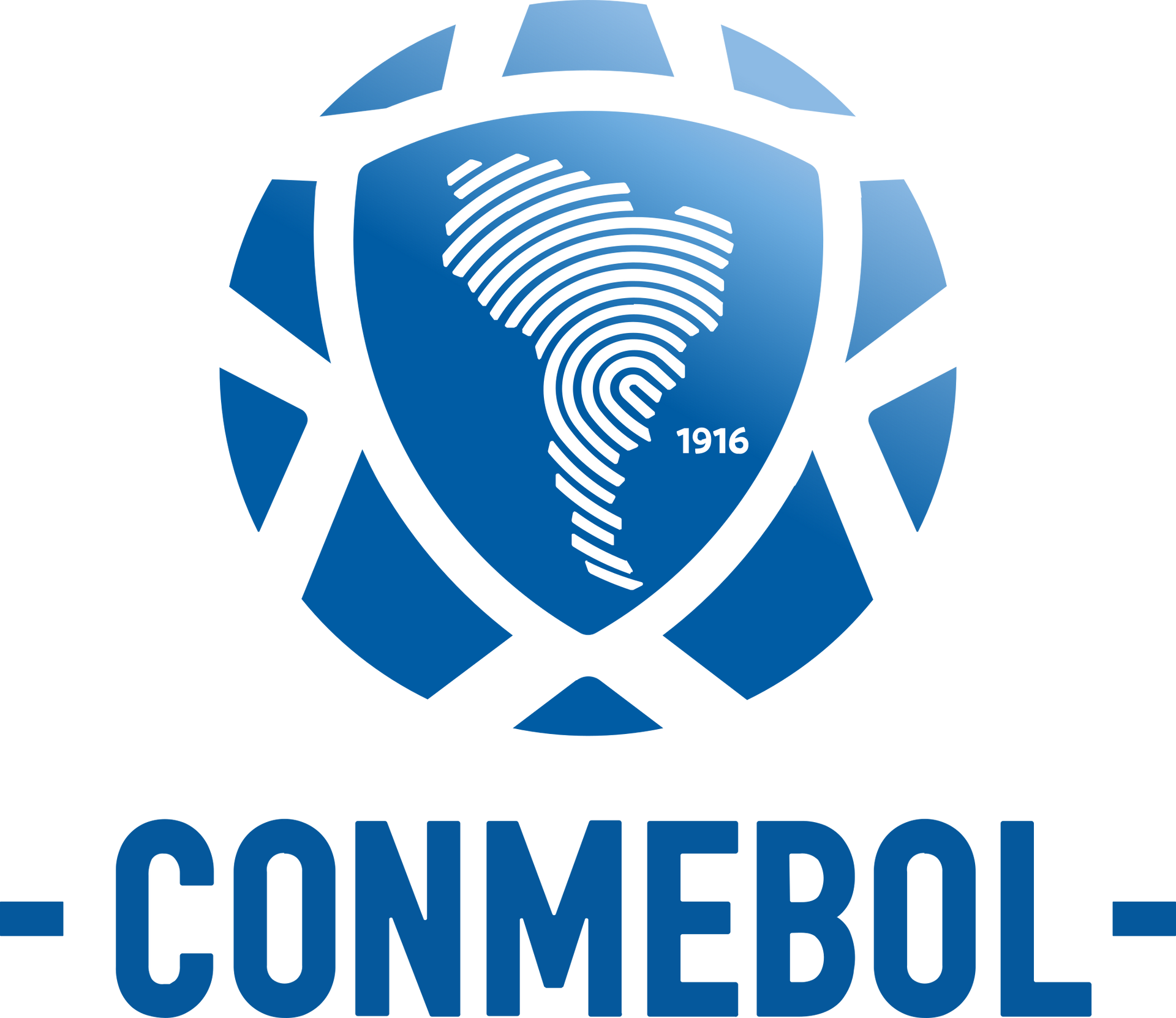 Logotipo de la CONMEBOL: globo azul con mapa de huellas dactilares de Sudamérica, cuadrícula blanca, texto azul.