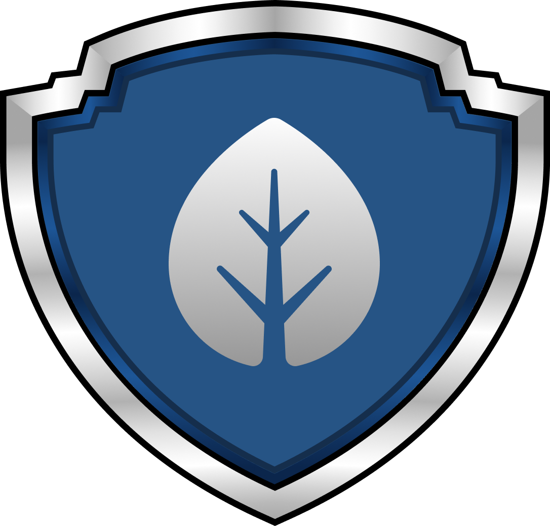 Blue shield logo with a white leaf emblem in the center and silver border