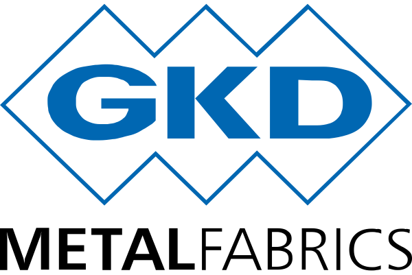Logo for GKD Metal Fabrics, blue and white with the initials 