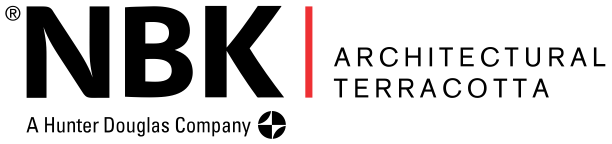 NBK Architectural Terracotta logo. Bold black text with red vertical line. A Hunter Douglas Company is below.