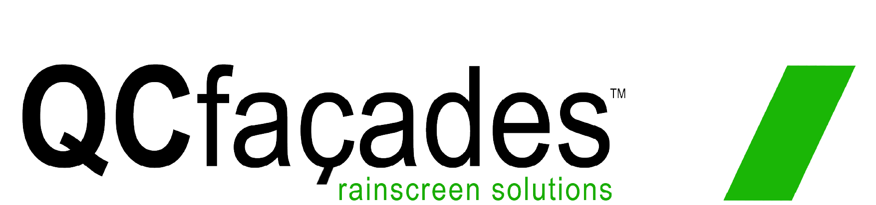 QC façades logo with green angled bar.