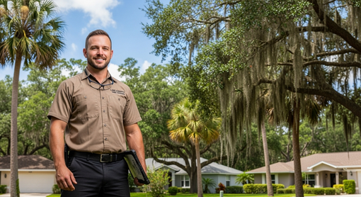 Smiling man stands on a leafy suburban sidewalk with palm trees and houses in the background.