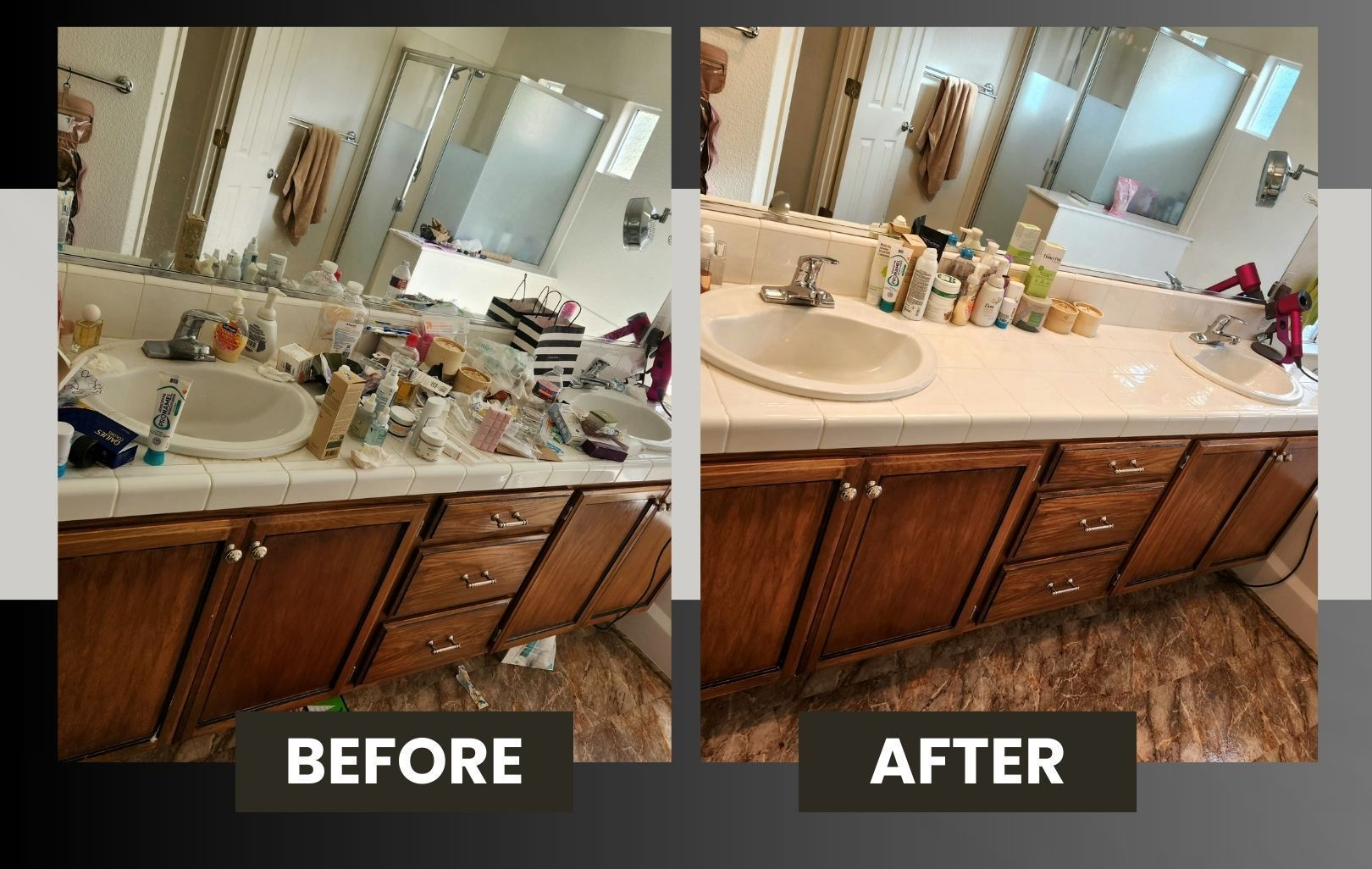 Before-and-after bathroom vanity cleaning, showing a cluttered counter transformed into a tidy sink area.