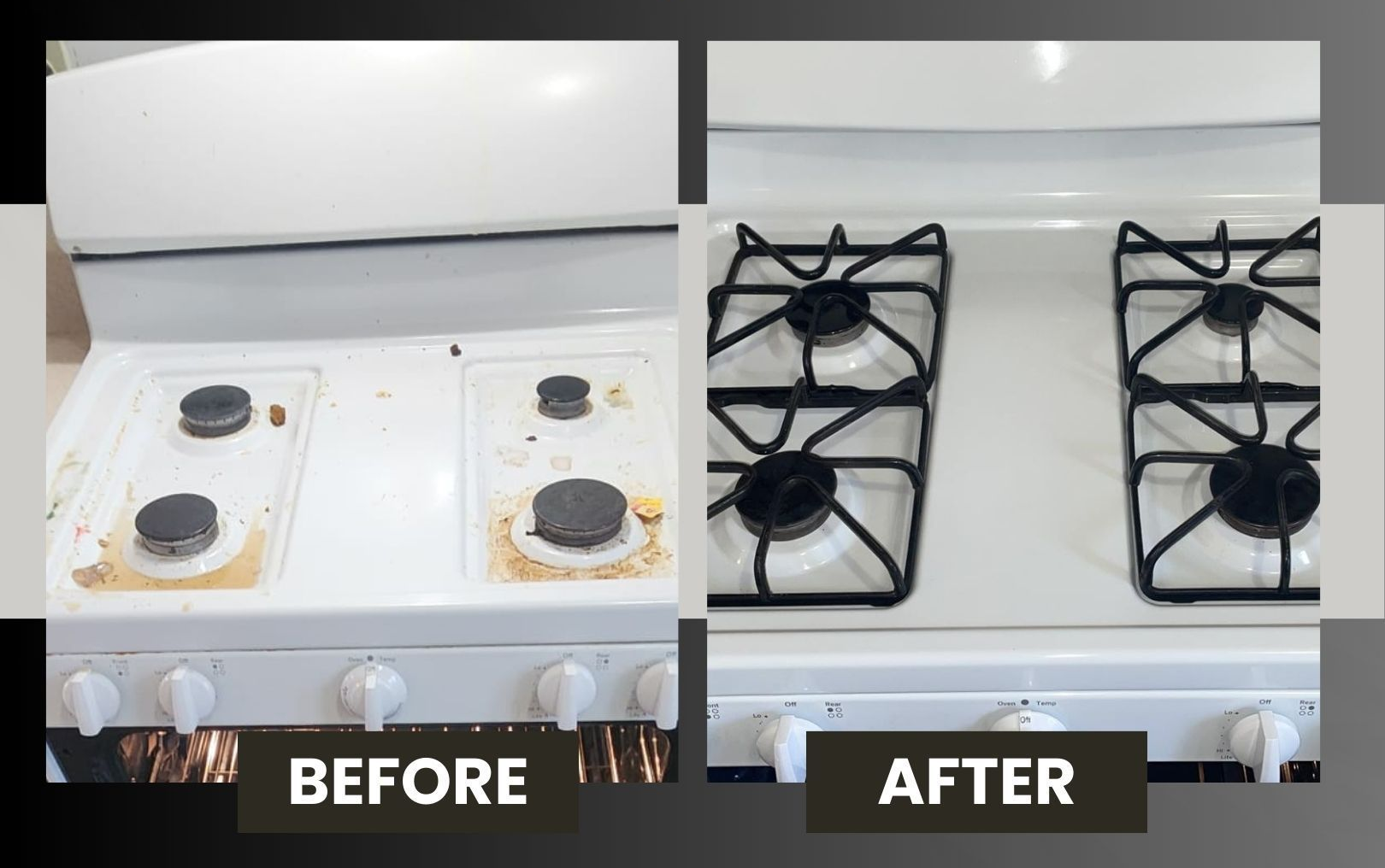 Before-and-after kitchen stove cleaning: dirty burners left, clean black grates right.