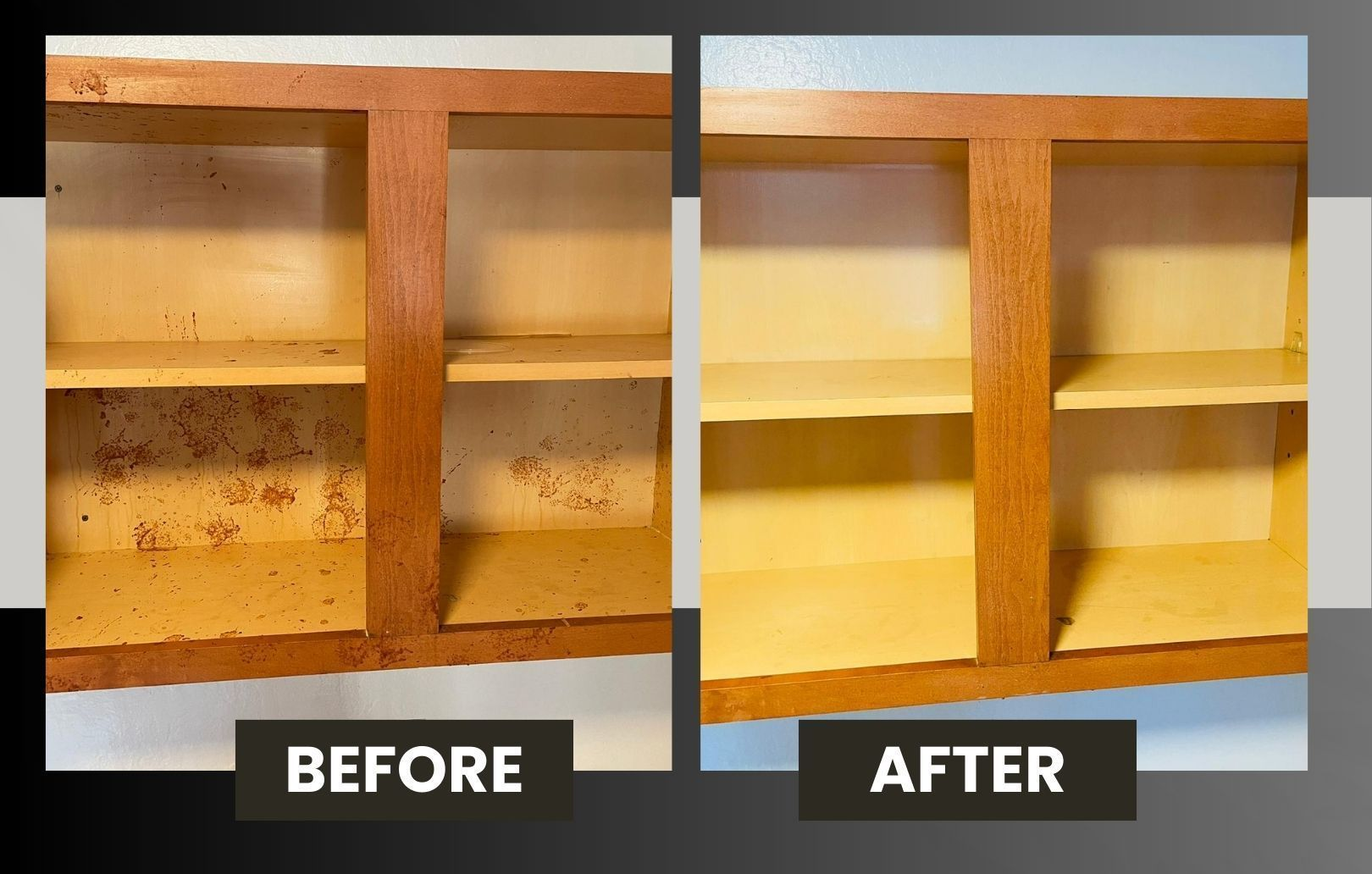Before-and-after of a clean wooden cabinet interior, with dusty shelves on the left and spotless shelves on the right.