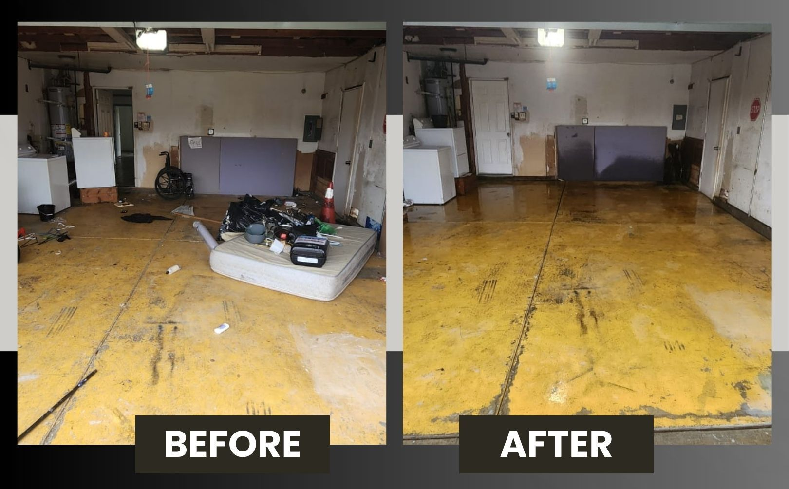 Garage cleaning before-and-after: cluttered floor becomes clear and shiny, with “BEFORE” and “AFTER” labels.