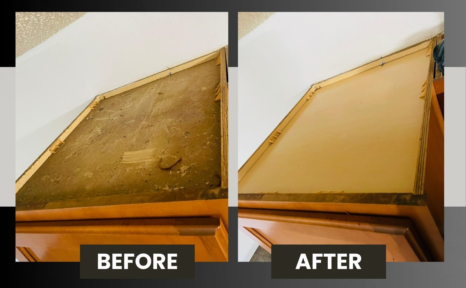 Before-and-after of a gold-trimmed panel cleaned from dirty brown to light beige, with “JZ Royalty” branding.