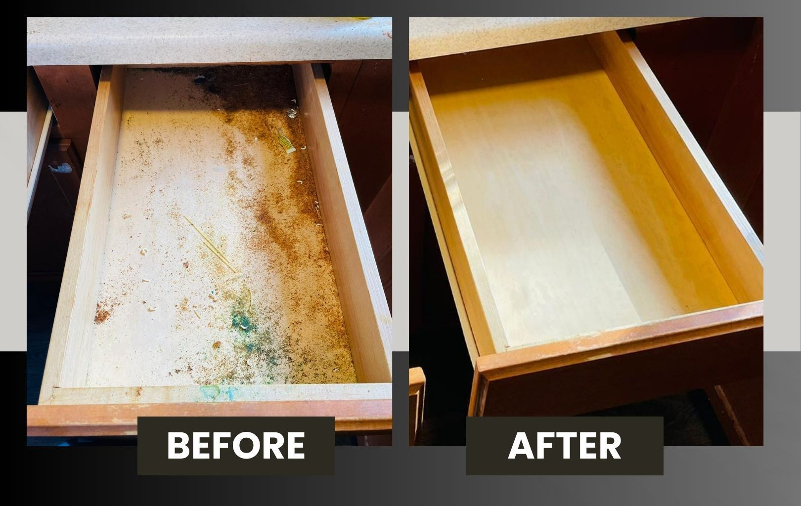 Before-and-after photo of a cleaned drawer, showing a dirty beige tray replaced by a spotless yellow interior.