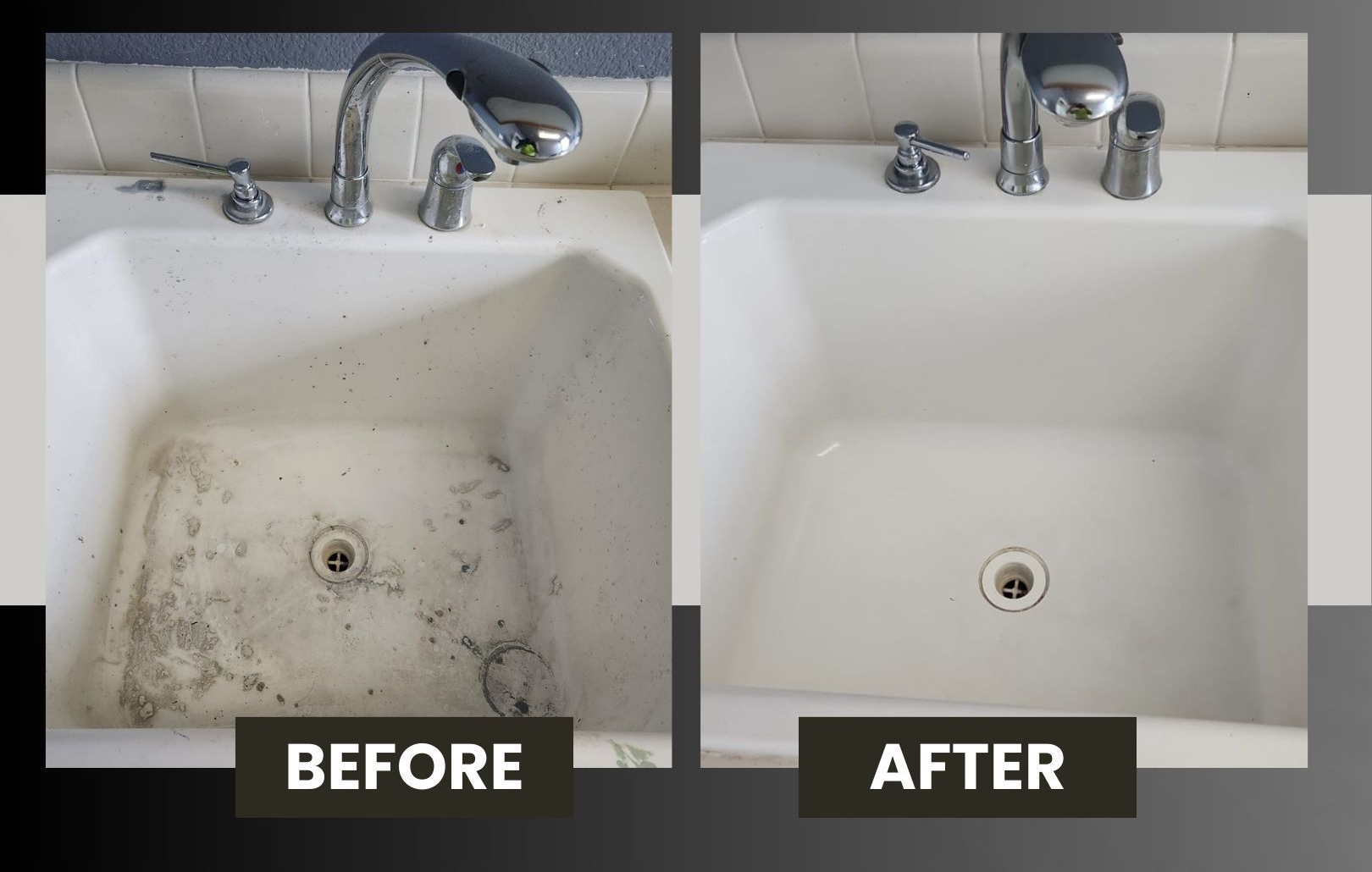 Bathroom sink before-and-after cleaning: grimy sink on left, spotless sink on right, JZ Royalty logo above.