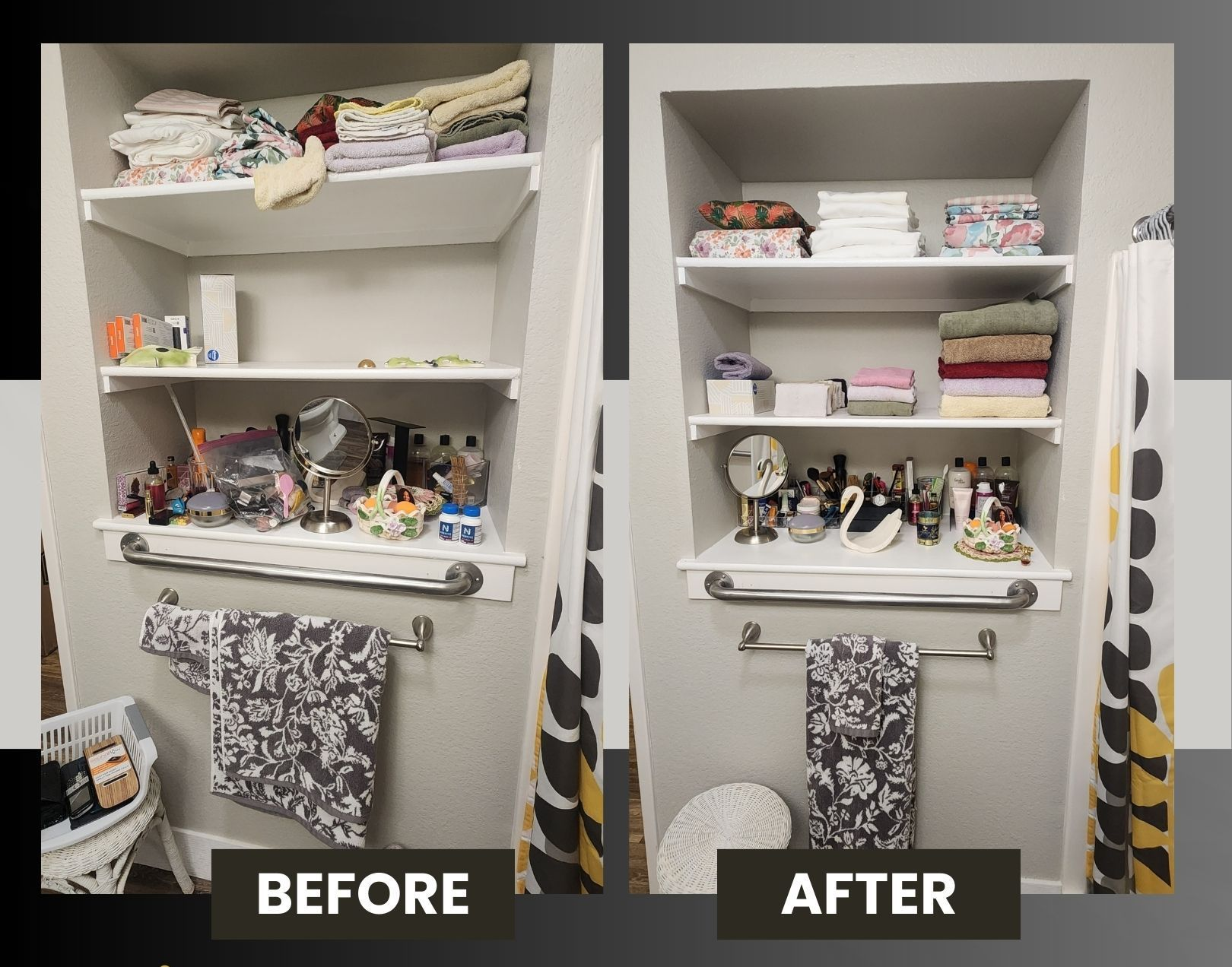 Before-and-after of a cluttered bathroom shelf organized into a neat, tidy storage space