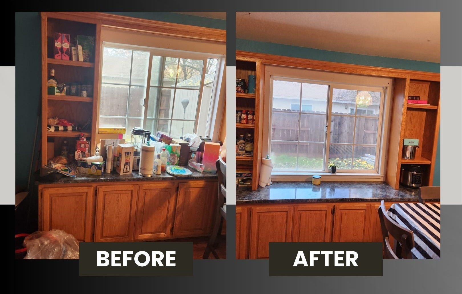 Before-and-after kitchen sink area cleaning: cluttered counter changed to tidy wood cabinets and clear countertop.