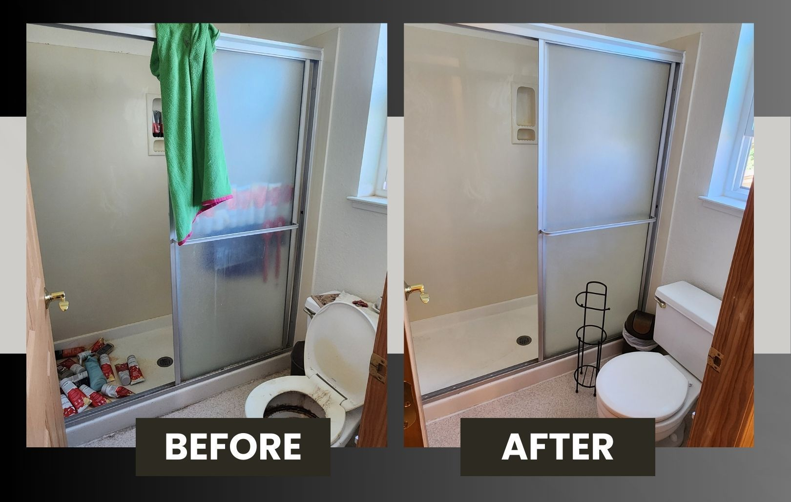 Before-and-after bathroom cleaning: shower, tub, and toilet on left; clean, bright bathroom on right.