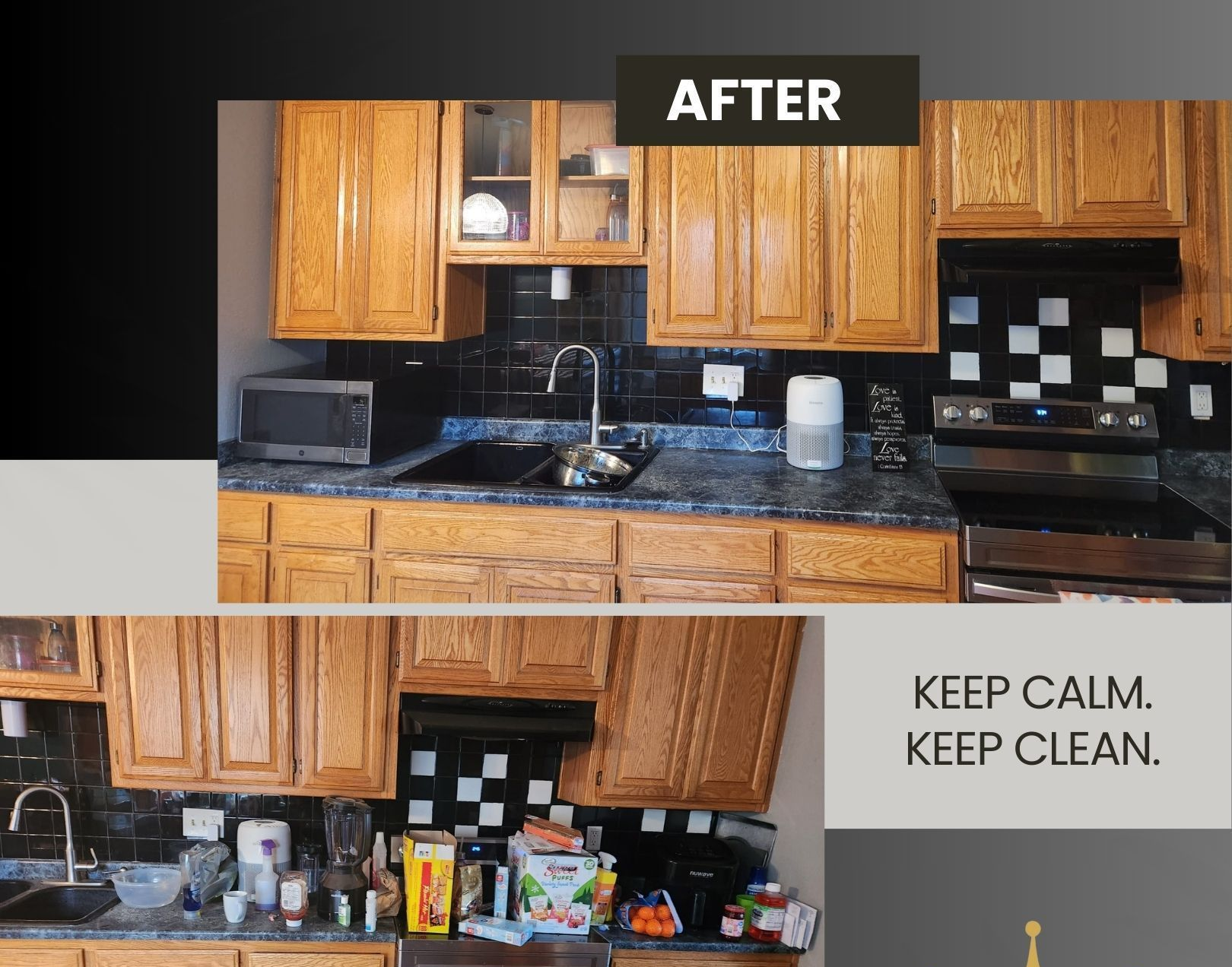 Kitchen before-and-after cleaning: cluttered counter changed to neat black countertop and organized sink area.