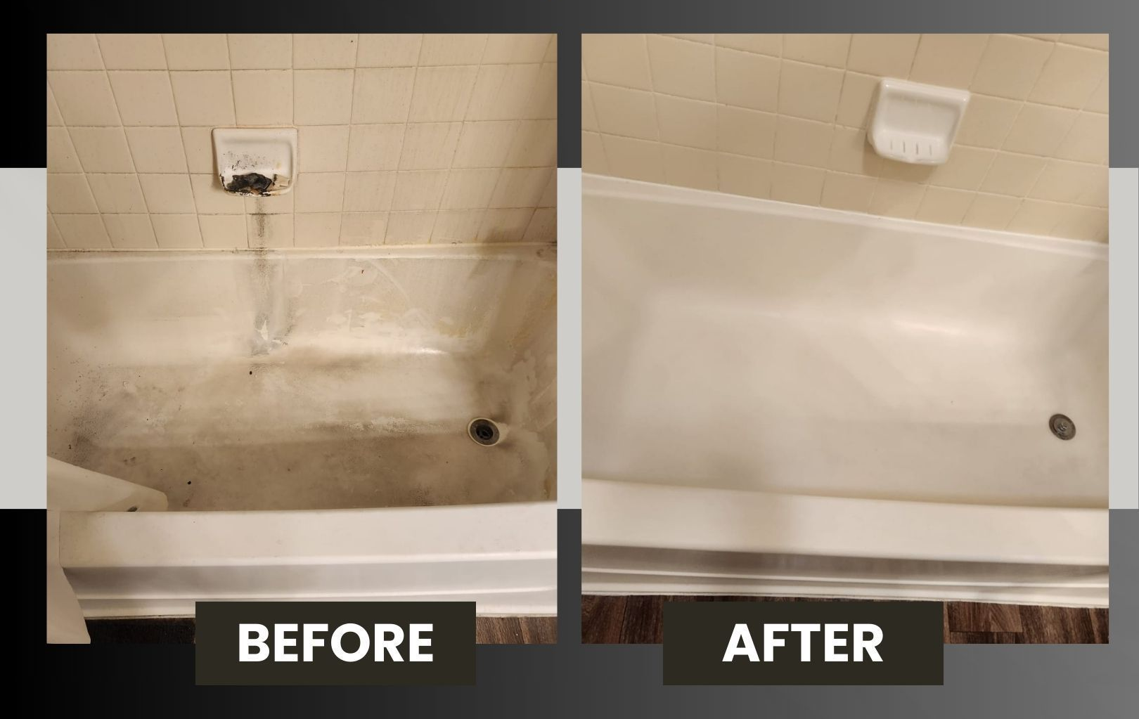 Before-and-after of a bathtub cleaning: dirty tub on left, sparkling clean tub on right.