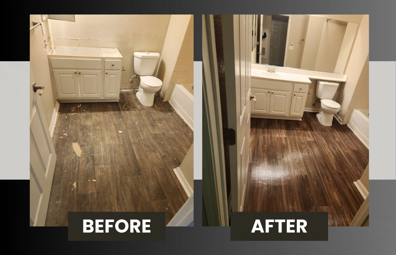 Before-and-after bathroom cleaning: dirty wood floor transformed to a glossy, clean floor.