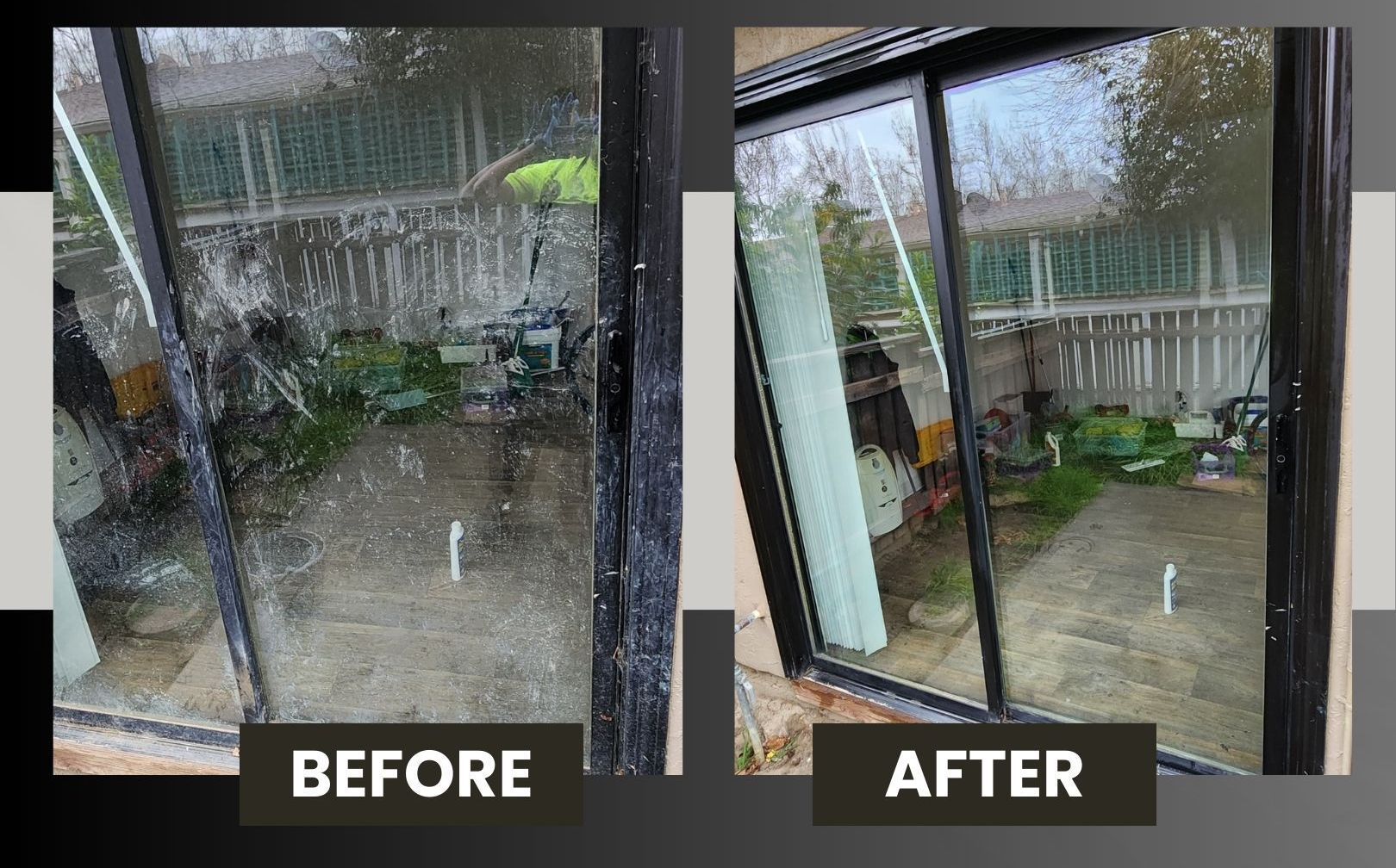Before-and-after of a rain-streaked patio glass door cleaned to clear glass, with “BEFORE” and “AFTER” labels.