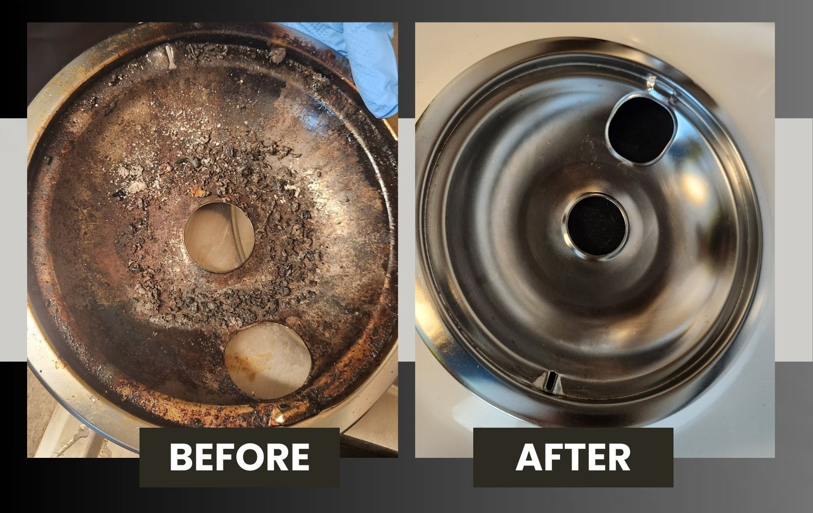 Before-and-after of a cleaned metal sink drain, showing heavy grime removed to a shiny finish.