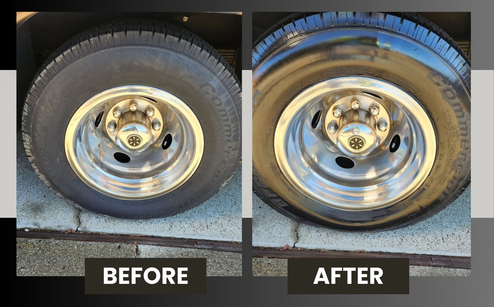 Before-and-after of a cleaned car wheel and tire, with “BEFORE” and “AFTER” labels.