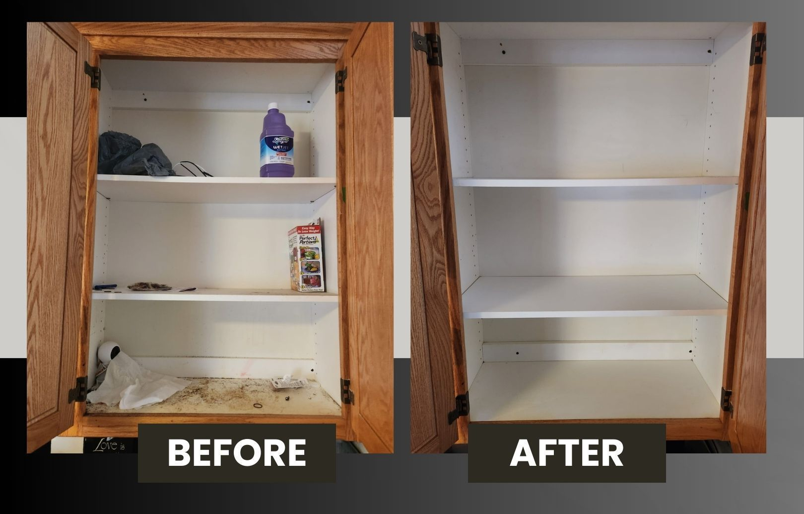 Before-and-after photo of a cleaned cabinet interior with shelves, showing clutter removed and wiped clean.