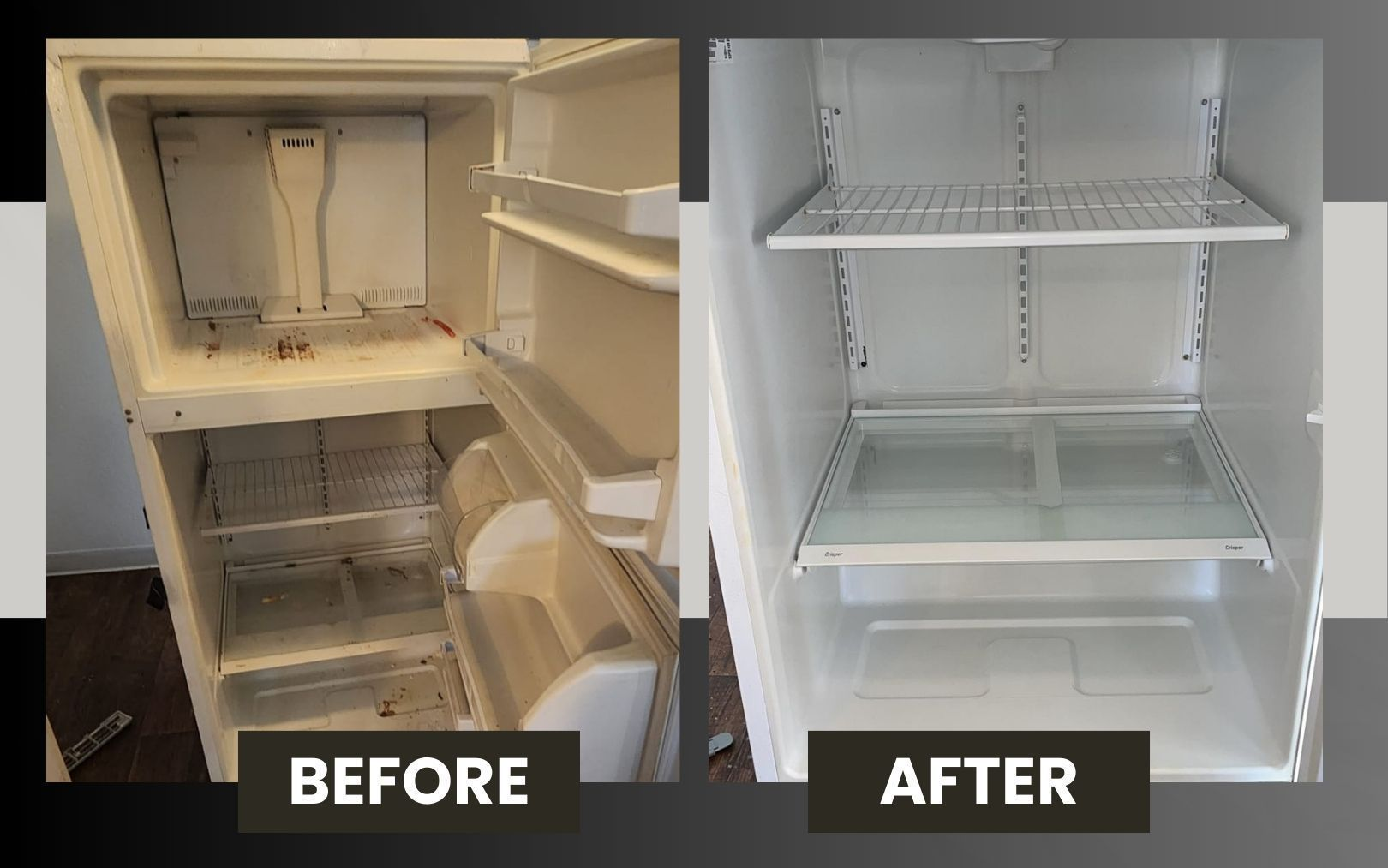 Before-and-after photo of a cleaned white refrigerator interior with shelves and drawers, labeled 