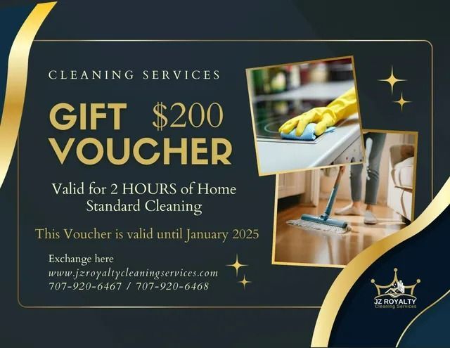 $200 gift voucher for home standard cleaning services, dark blue and gold design with cleaning photo