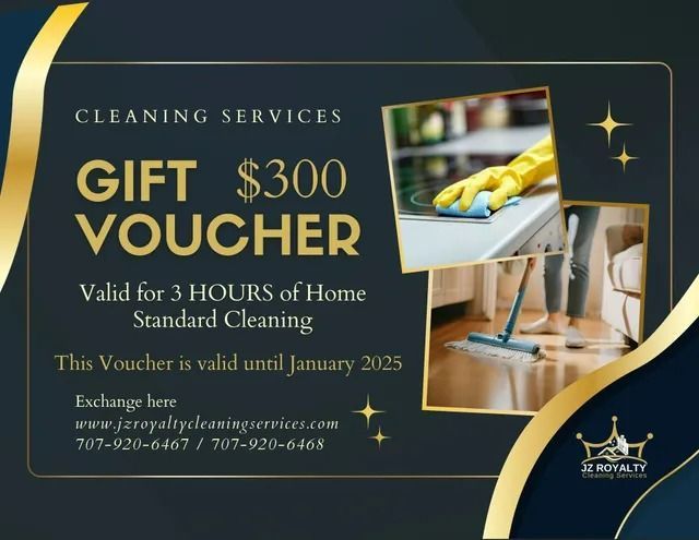 Cleaning services gift voucher for $300, valid for 3 hours of standard home cleaning, navy and gold design