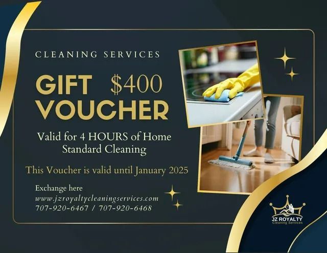 Cleaning services $400 gift voucher with gold text, dark blue background, and a photo of cleaning supplies.