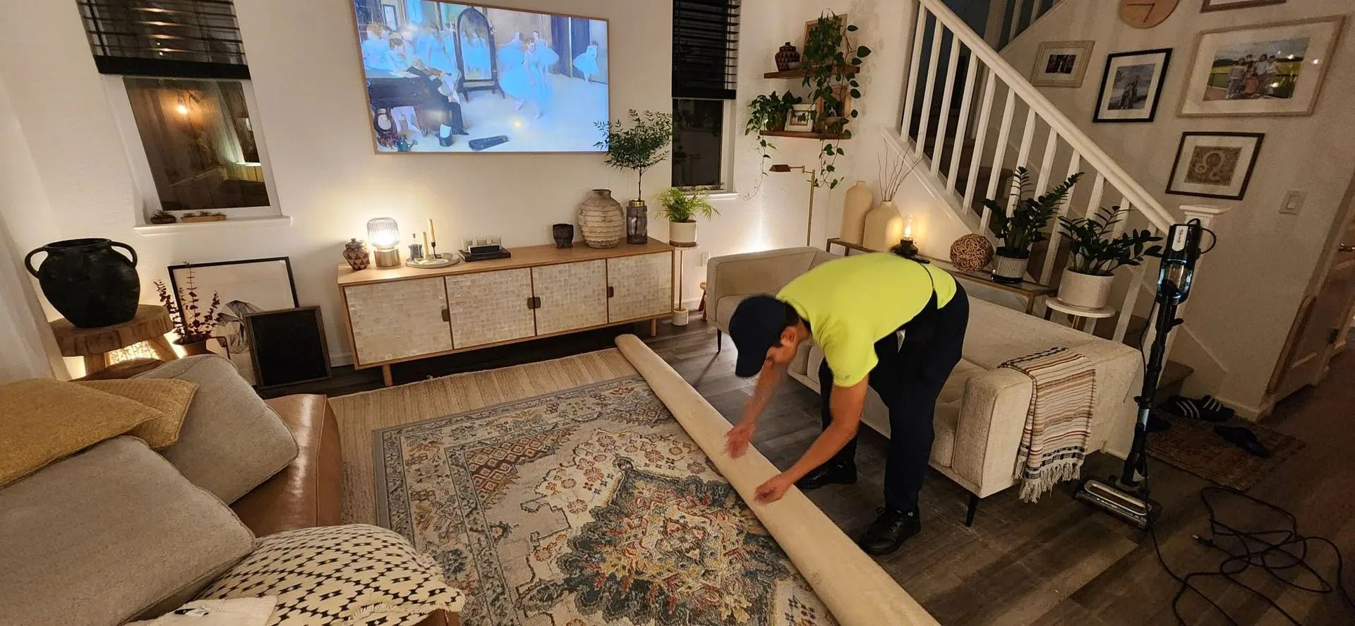 Person assembling a wooden board in a cozy living room with a TV and staircase in the background