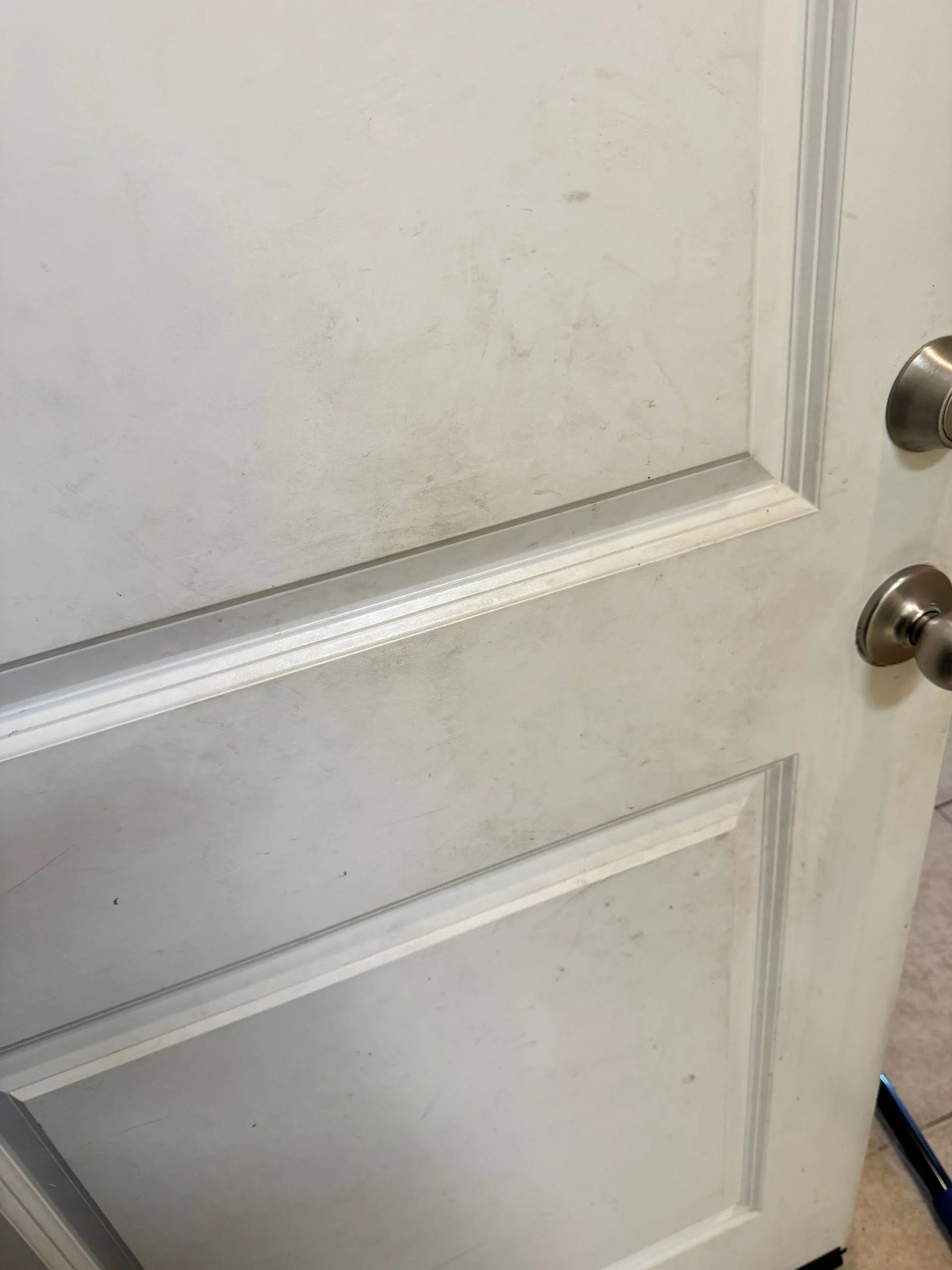 Close-up of a white paneled door with a silver knob and visible scuff marks near the handle.