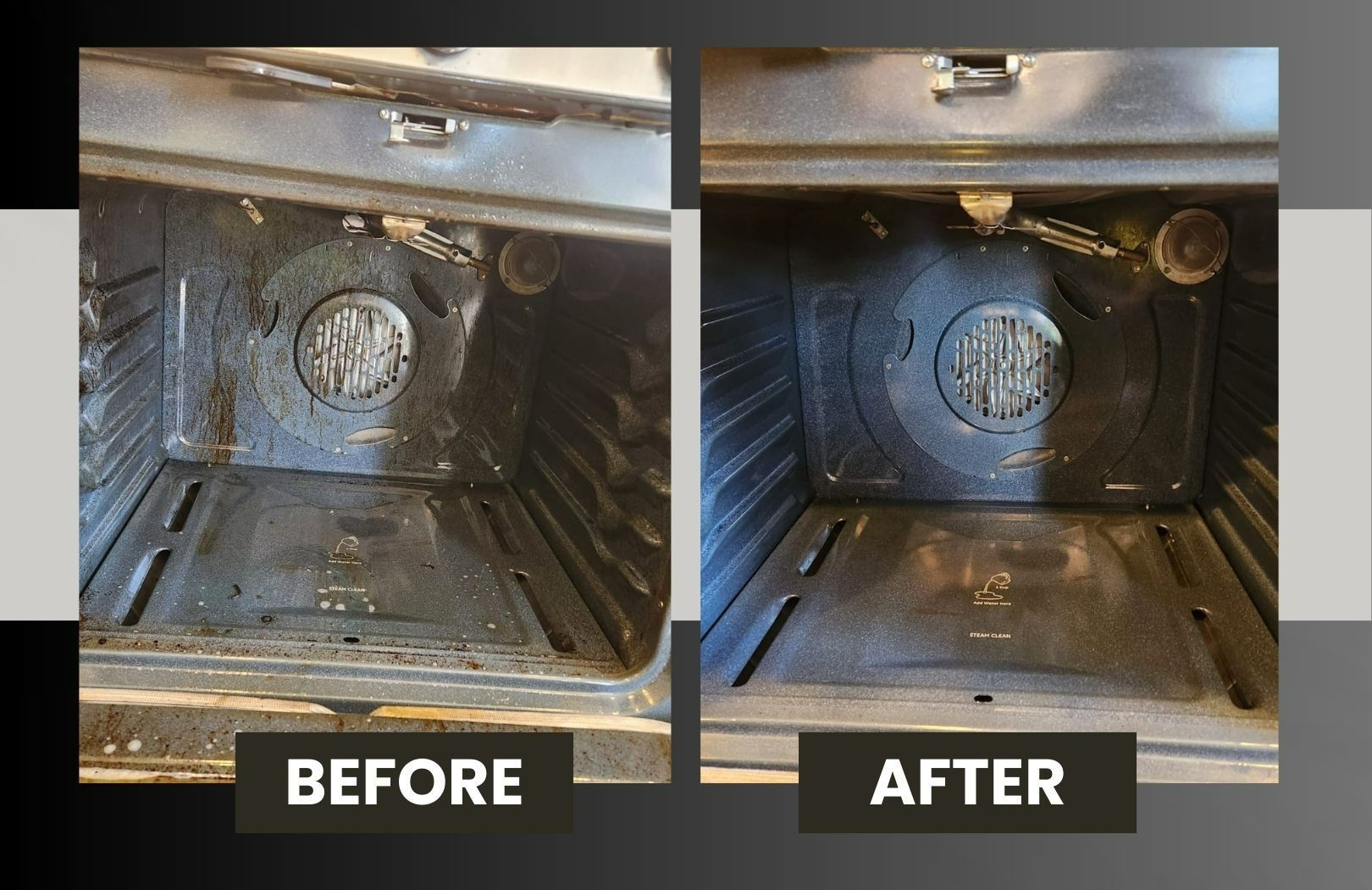 Before-and-after of a cleaned black metal fireplace interior with “Before” and “After” labels.