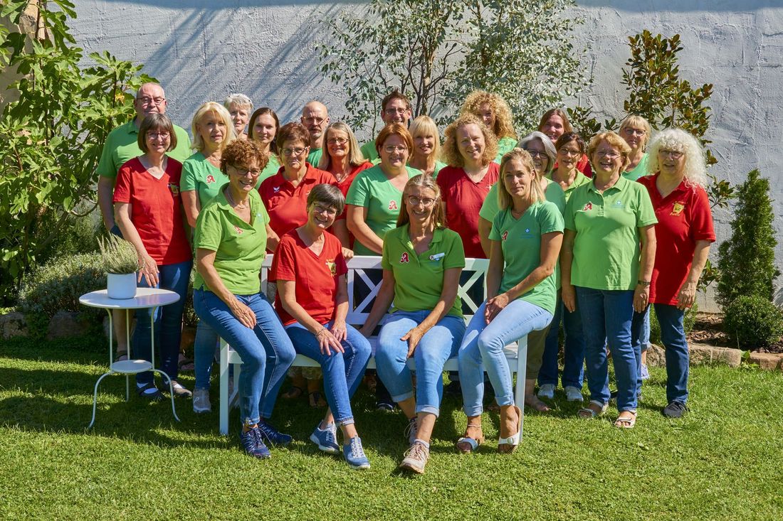 Eine Gruppe Frauen posiert auf einer Bank sitzend für ein Foto.