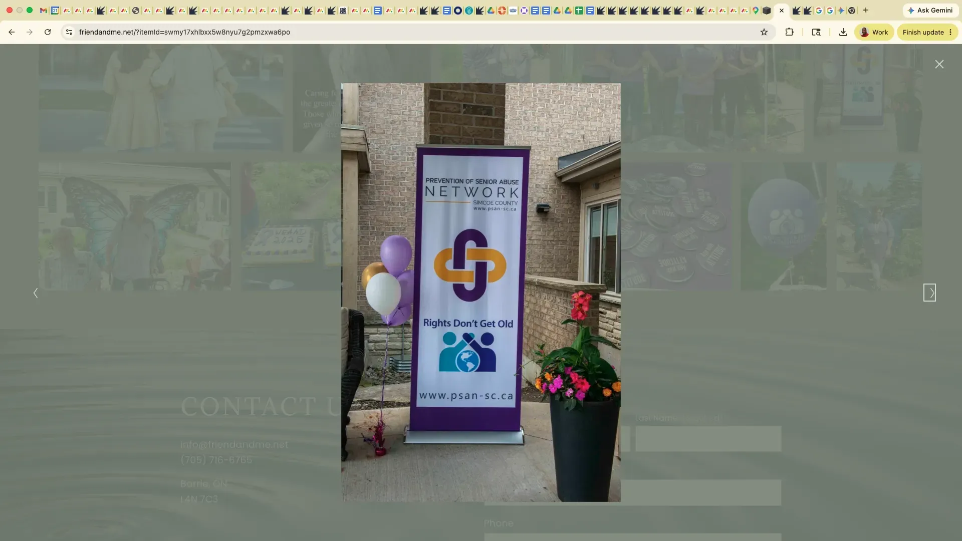 Purple banner beside balloons and a flower pot in an outdoor courtyard entrance