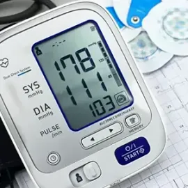 Digital blood pressure monitor displaying 178/81 and pulse 103 on a white surface.