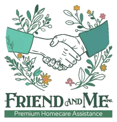 A watercolor handshake framed by leaves and flowers above text: