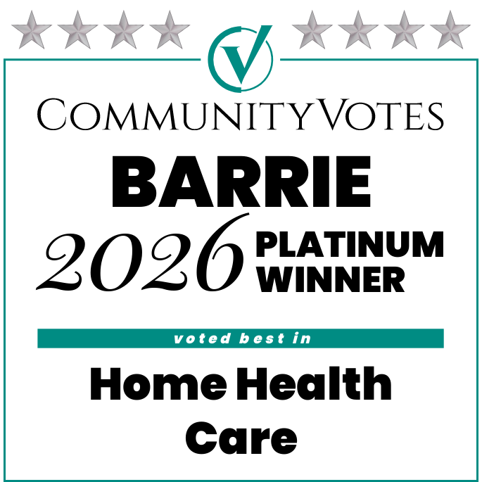 Community Votes Barrie 2020 Platinum Winner badge for Home Health Care, in teal, black, and white