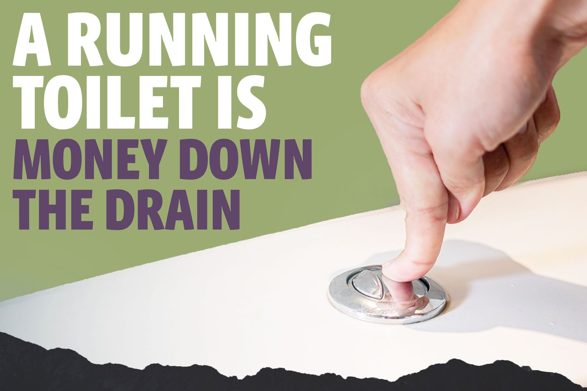 Hand pressing a toilet flush button illustrating a running toilet that can waste water and increase