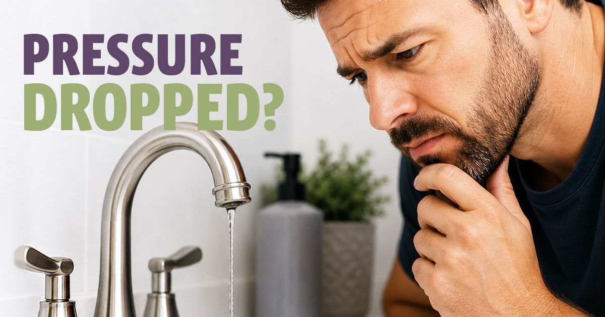 Homeowner checking a kitchen faucet with low water pressure, illustrating a sudden drop in household