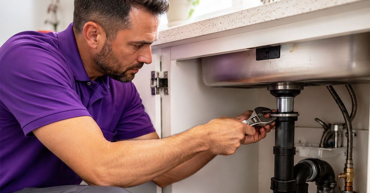 Plumber repairing pipes beneath a kitchen sink during a residential plumbing service.