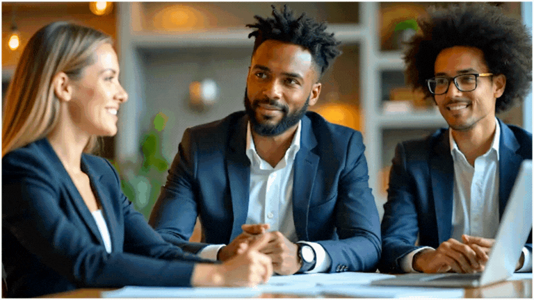 Three business professionals in suits, smiling, seated at a table with a laptop.Personal Brand Legacy logo.