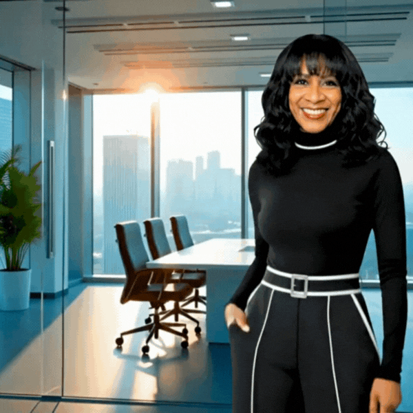 Woman in black outfit smiles in an office; a conference table and city skyline are in the background. Alysyn Curd.