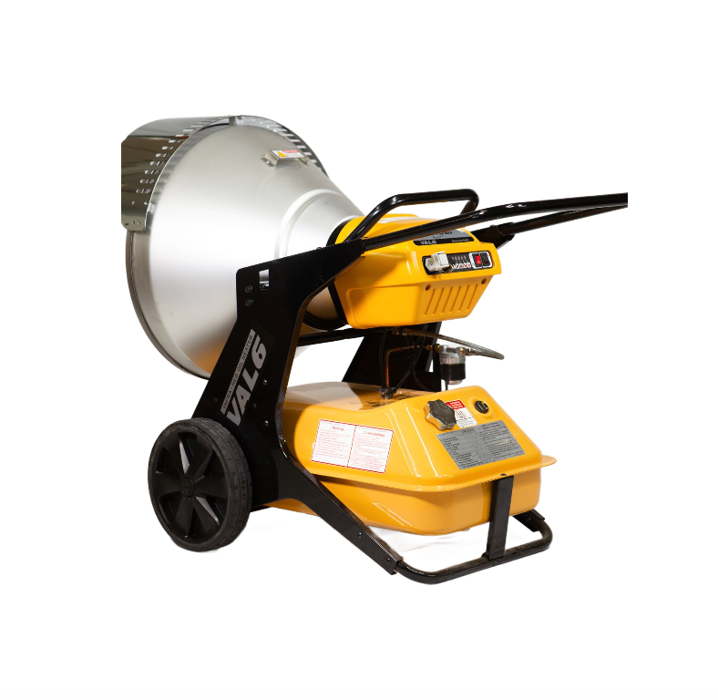 A portable, yellow and black Val6 infrared space heater with wheels and a large, silver parabolic reflector.