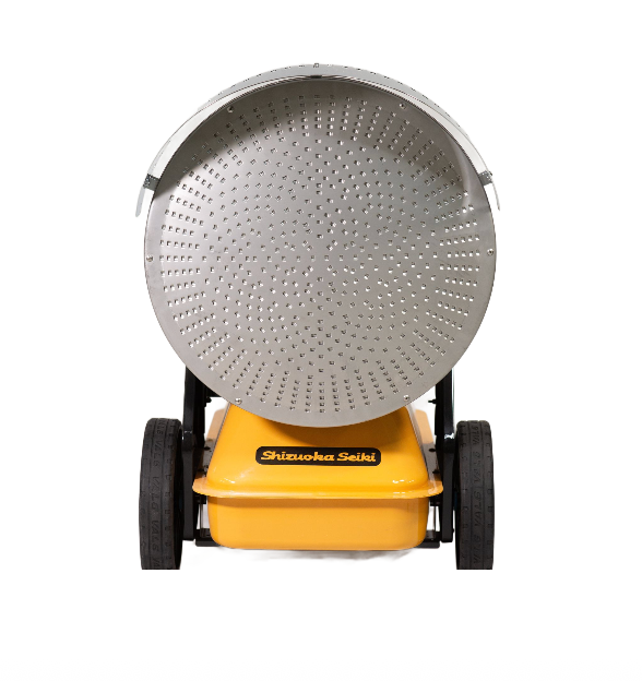  portable infrared heater with a silver perforated radiator disc on a yellow base with black wheels.