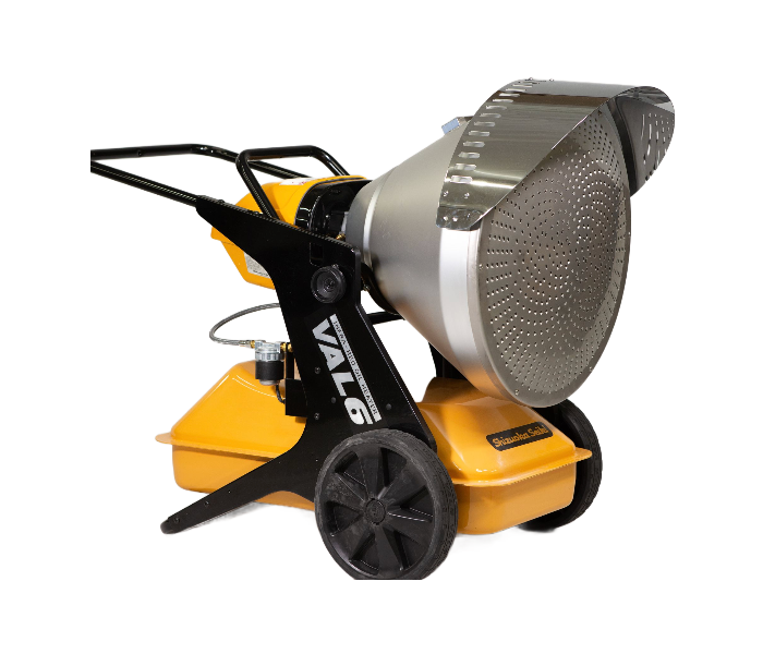 Portable infrared heater with a yellow base, black wheels and frame, and a large, silver metallic burner head.