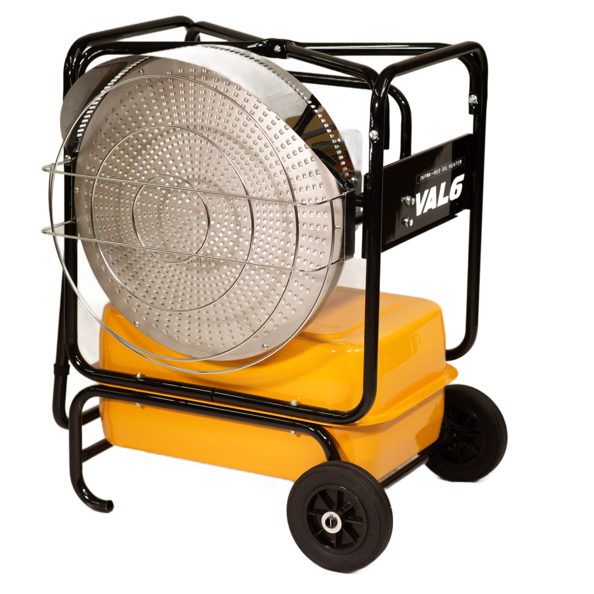 A VAL6 industrial portable heater with a yellow fuel tank, mounted on a black metal frame with wheels.