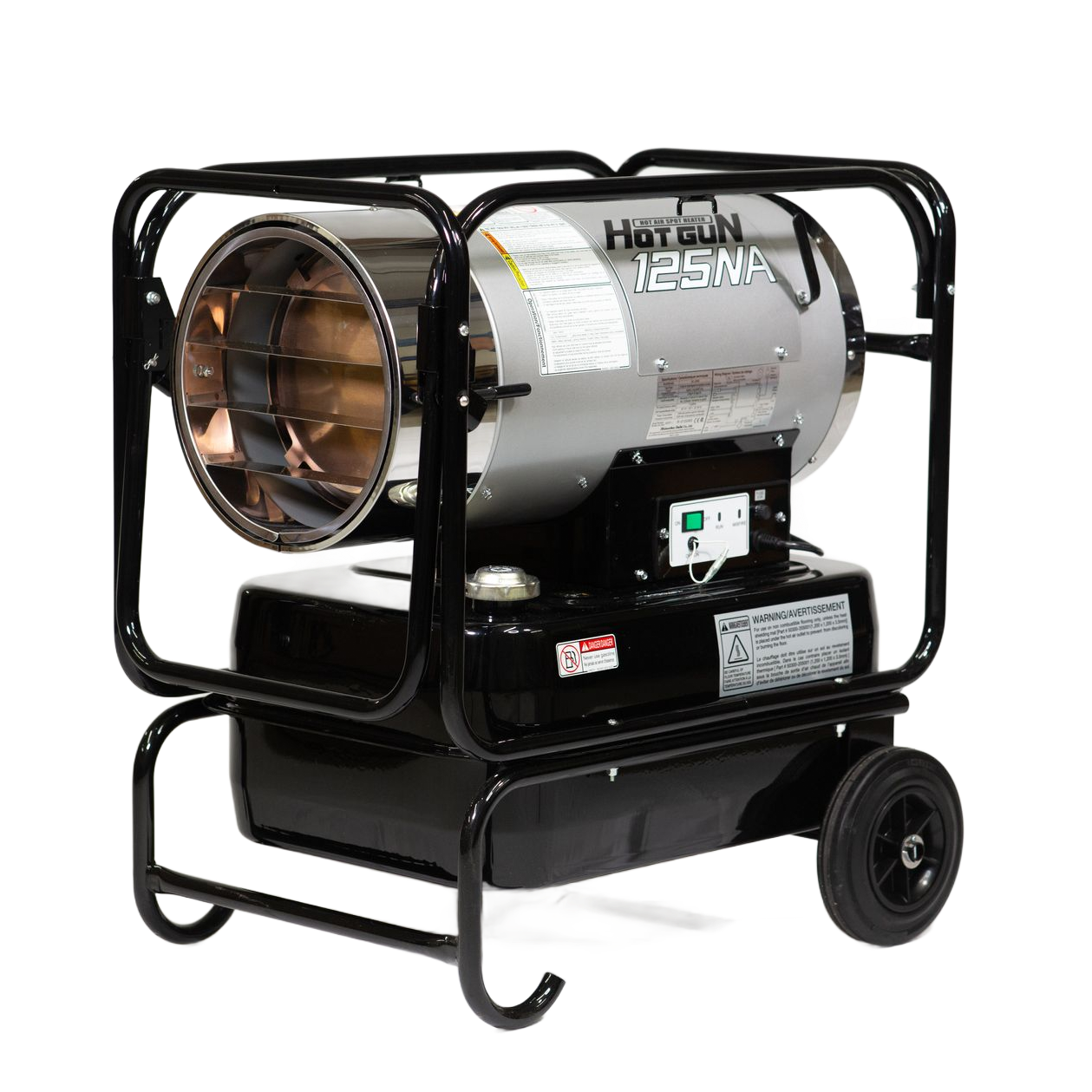 A portable industrial-space heater in silver and black with a fuel tank and wheels.