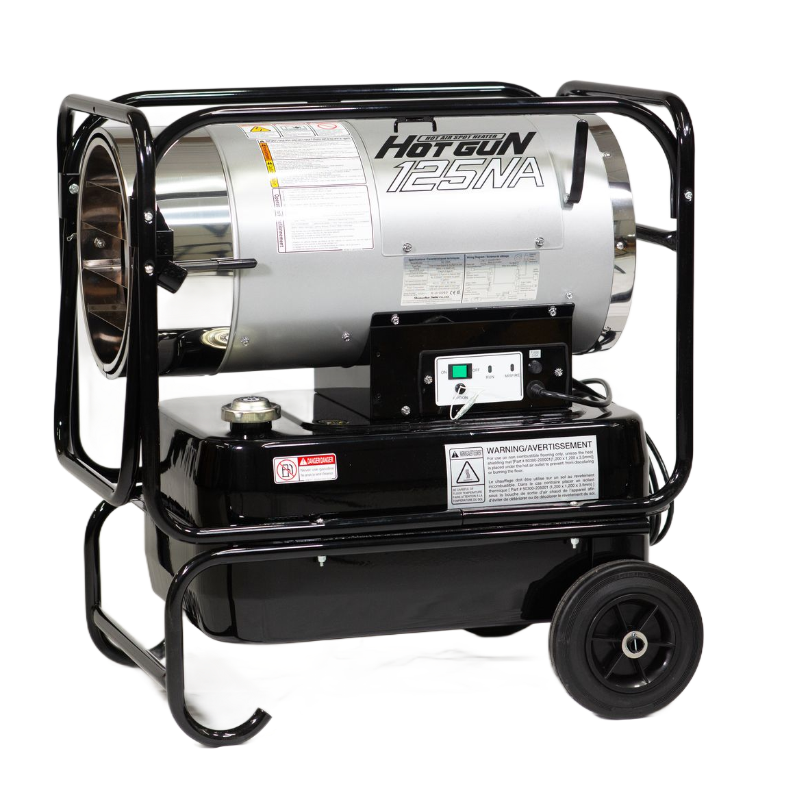 A portable, industrial heater in a black metal frame with wheels against a white background.