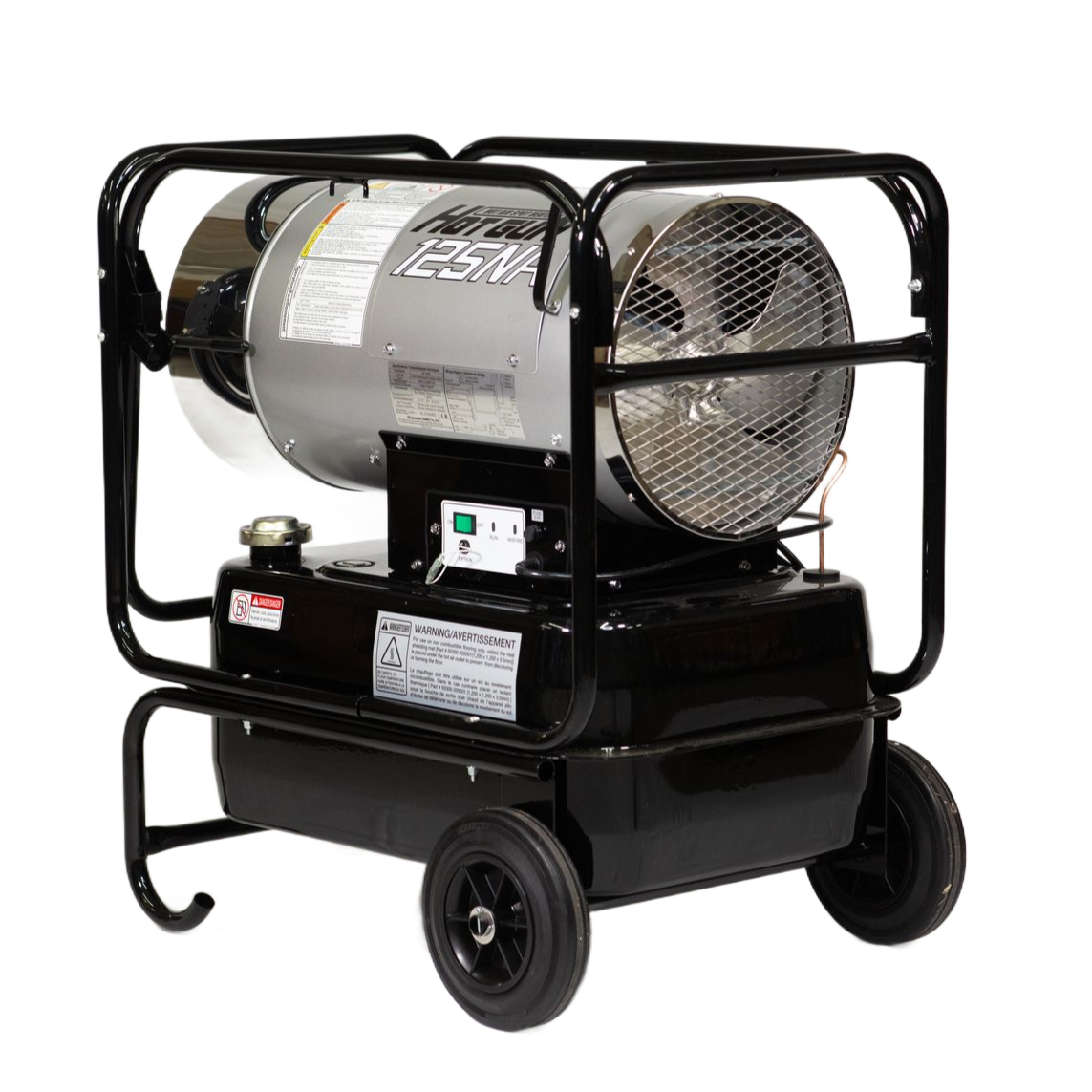 A portable, silver and black industrial heater on wheels with a protective metal cage.