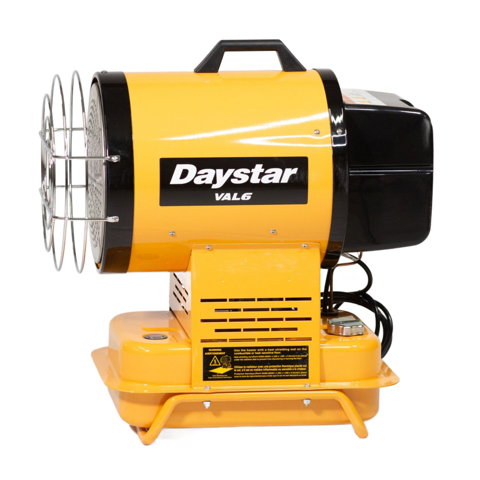 A yellow Daystar VAL6 infrared portable space heater with a black handle, black rear housing, and a wire front guard.