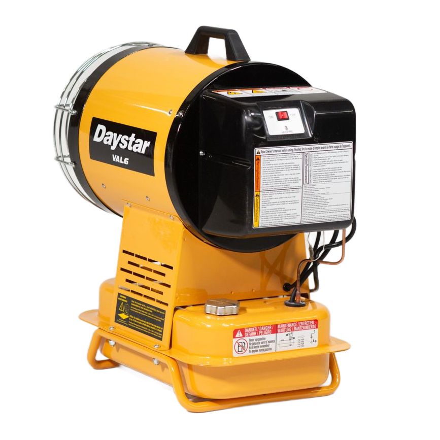 A yellow portable heater with a black control box and handle, viewed from a three-quarter angle.